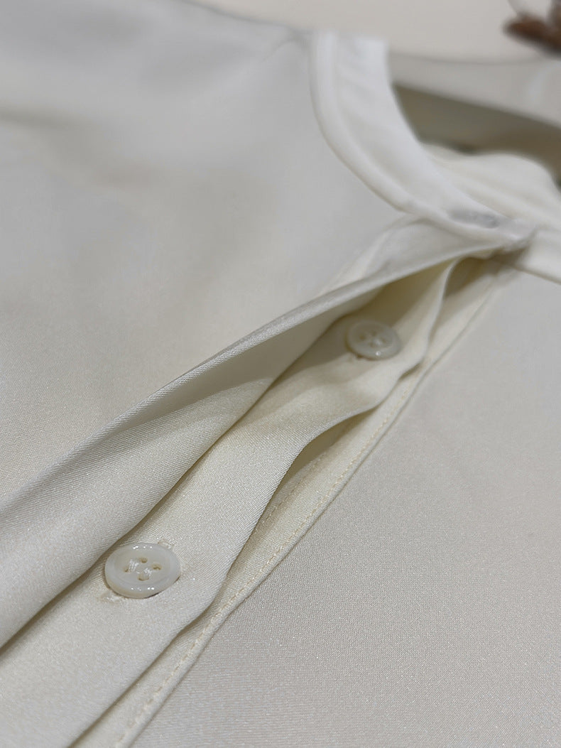 Loose-Fit Long-Sleeve Silk Shirt With Stand Collar