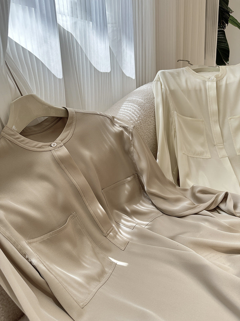Loose-Fit Long-Sleeve Silk Shirt With Stand Collar