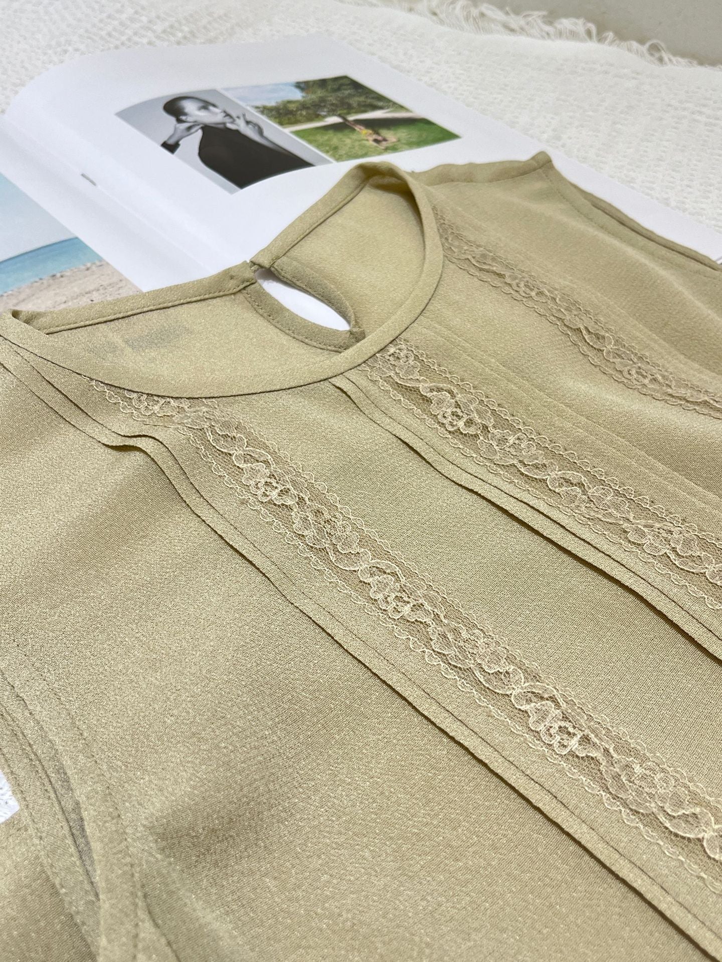 Lace-Paneled Sleeveless Silk Shirt